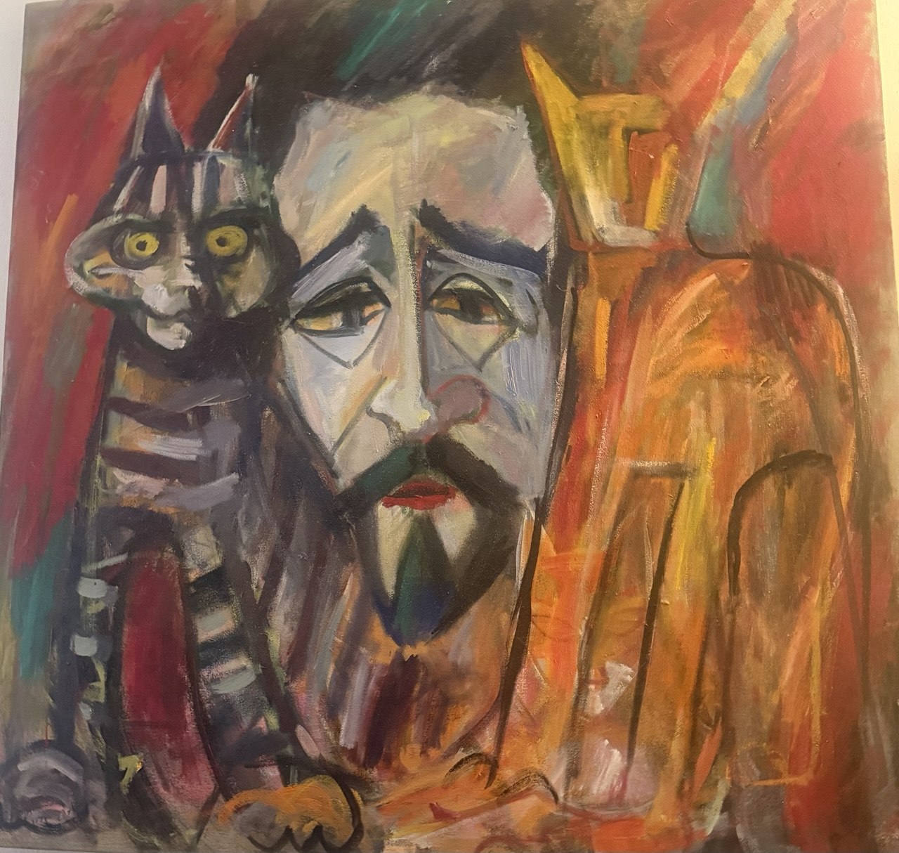 Self-Portrait with Cats — c. 2004 — 36 × 36 in — Oil on canvas